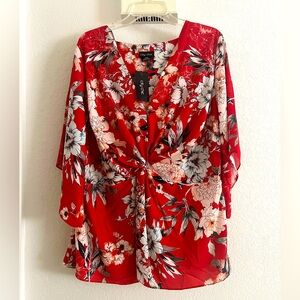 Cute City Chic Plus Size Red Floral Kimono Top Size 3x XXXL 18 NWT